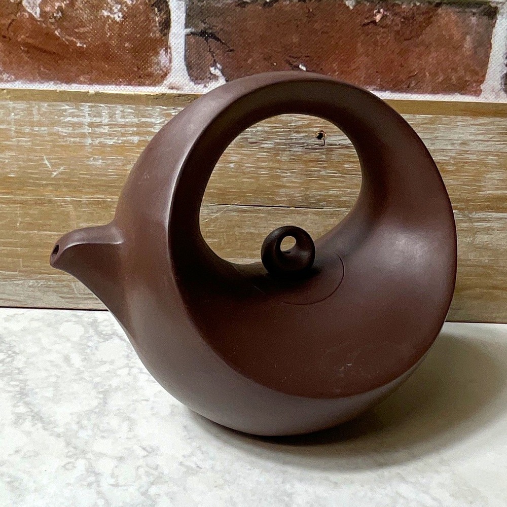Chinese Brown Clay Teapot 7" x 6.5" Circular Loop Handle Marked/Stamped Base